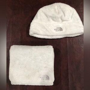 North Face white fluffy cap and scarf